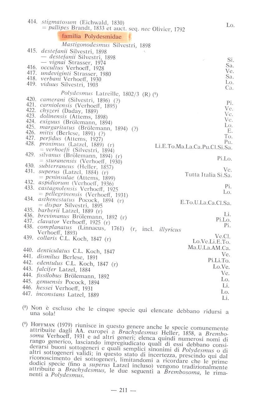 C.Strasser & A.Minelli (1984)  Elenco dei diplopodi d''Italia