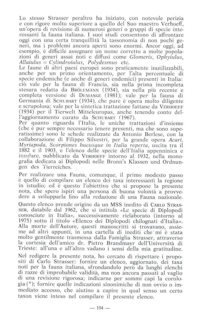 C.Strasser & A.Minelli (1984)  Elenco dei diplopodi d''Italia