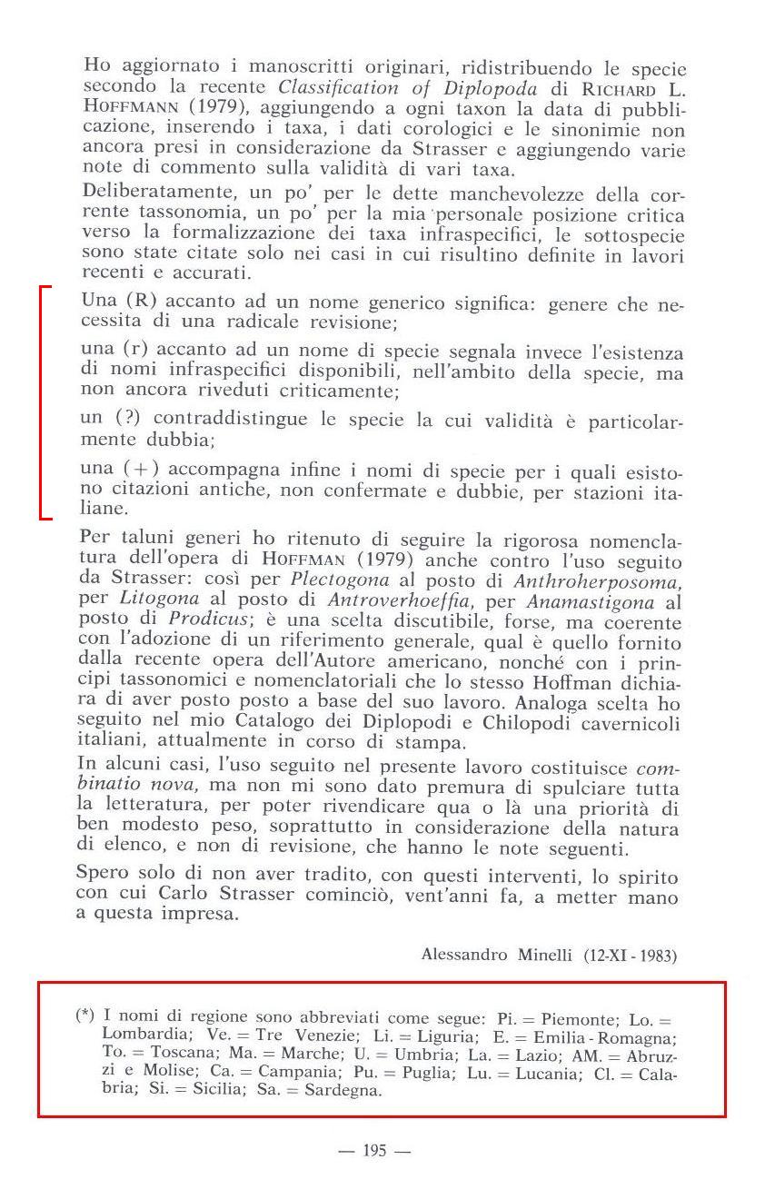 C.Strasser & A.Minelli (1984)  Elenco dei diplopodi d''Italia