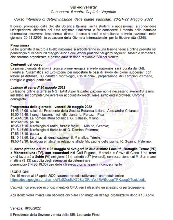 Corso intensivo di determinazione delle piante vascolari: 20-21-22 Maggio 2022 - SBI