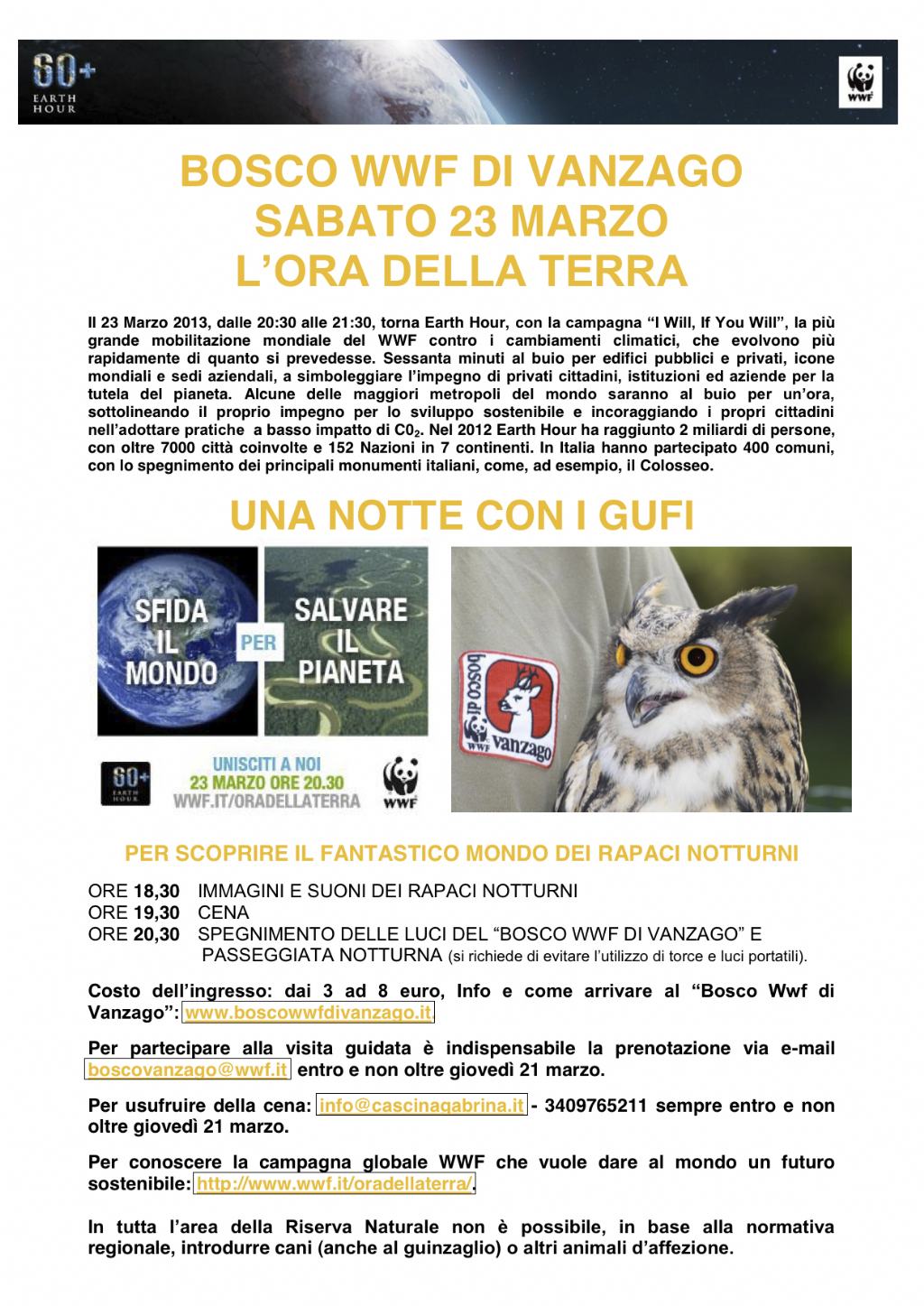 23 marzo - Ora della Terra - Notte con i Gufi - Vanzago